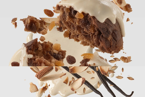 christmas pudding with custard, toasted almonds and vanilla pods