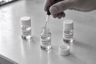 perfumer blending a signature home fragrance trial at a lab bench