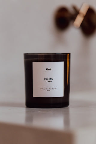 Country Linen 400g Candle + Glass Cloche + Wooden Base